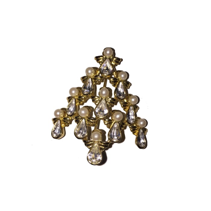 Christmas Tree Angels Faux Pearl & Rhinestone Signed Brooch - Christmas