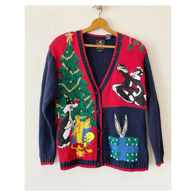 Christmas Vintage 90s Looney Tunes Cardigan Eagle's Eye Vintage Hand Knit Sweater Adult Size M - SirHoliday