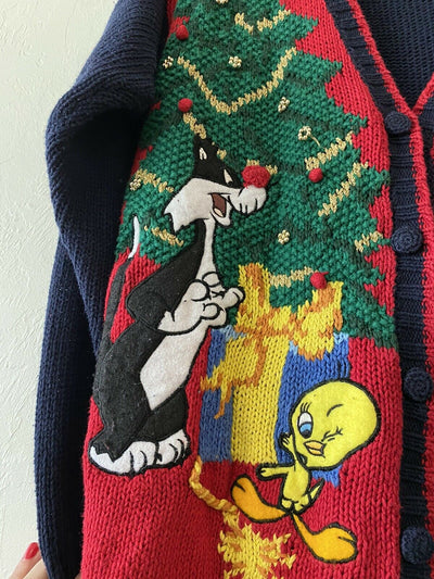 Christmas Vintage 90s Looney Tunes Cardigan Eagle's Eye Vintage Hand Knit Sweater Adult Size M - SirHoliday