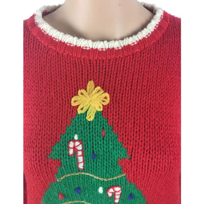 Christmas Candy Cane Tree Hand Embroidery Exclusive Vintage Sweater Size L - Christmas