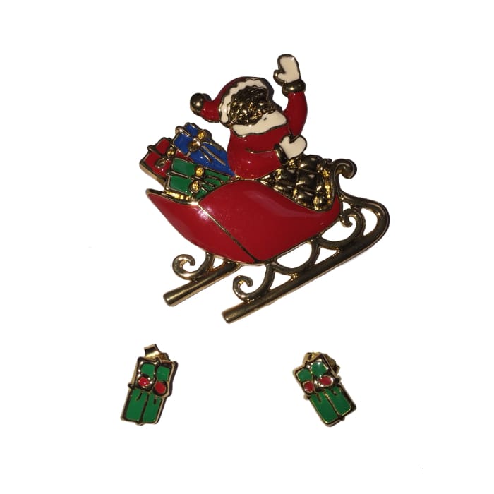 Christmas Estate Signed Avon X-Mas 1/2 Earrings 2 1/4 Brooch Set - Christmas