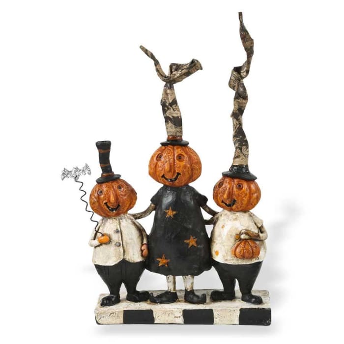 Halloween 8 Inch Resin Pumpkin Family Trio With Bat - Halloween