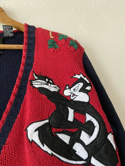 Christmas Vintage 90s Looney Tunes Cardigan Eagle's Eye Vintage Hand Knit Sweater Adult Size M
