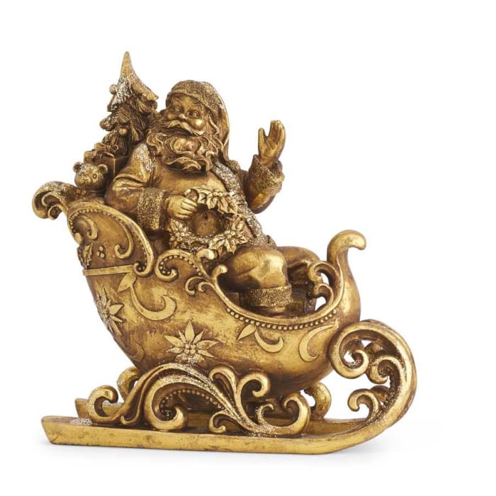 Santa In Sleigh Antiqued Gold Glittered Finish - Christmas
