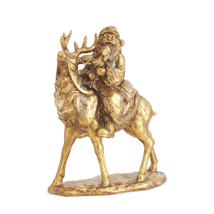 Santa Riding Reindeer Antiqued Gold Glittered Finish - Christmas